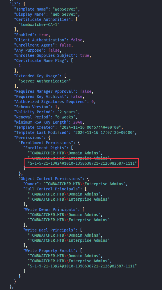 certipy-ad find output continued, WebServer template enrollment rights section
