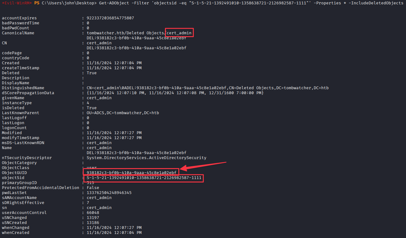PowerShell Get-ADObject showing cert_admin in the AD Recycle Bin