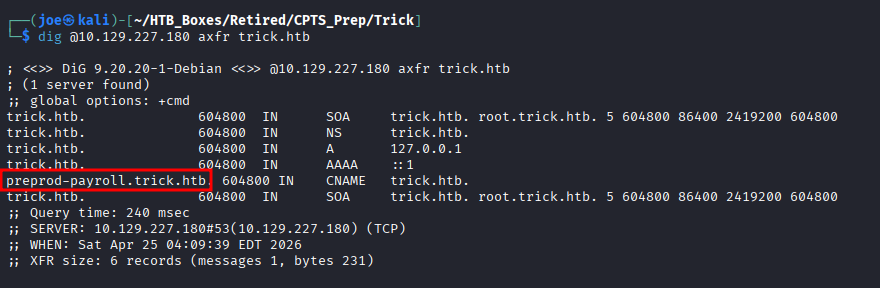 DNS zone transfer returning all records including preprod-payroll.trick.htb