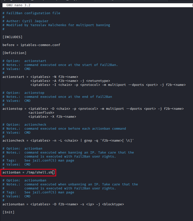 Modified iptables-multiport.conf with actionban pointing to reverse shell
