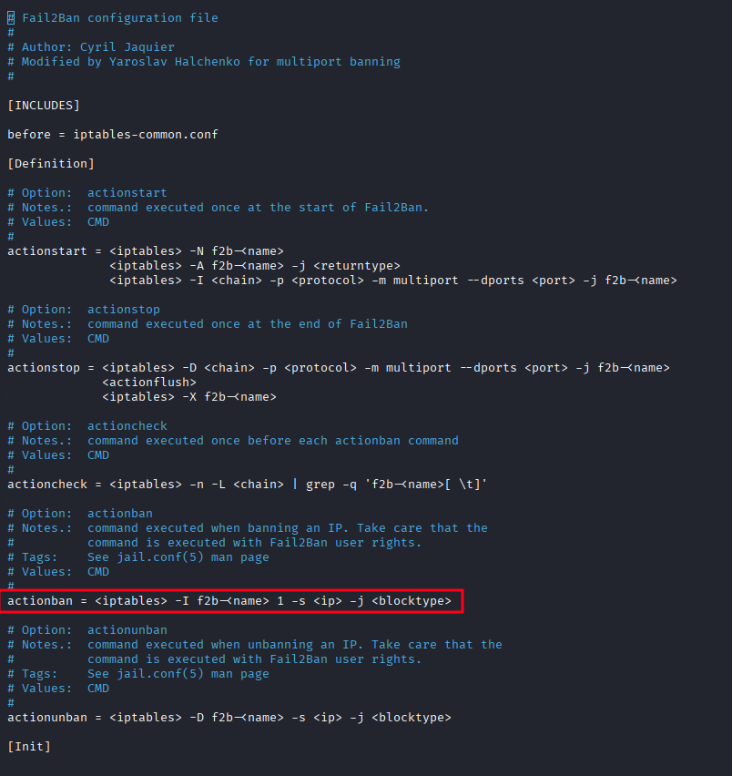 Original iptables-multiport.conf showing actionban directive