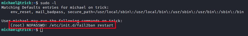 sudo -l showing NOPASSWD restart of fail2ban