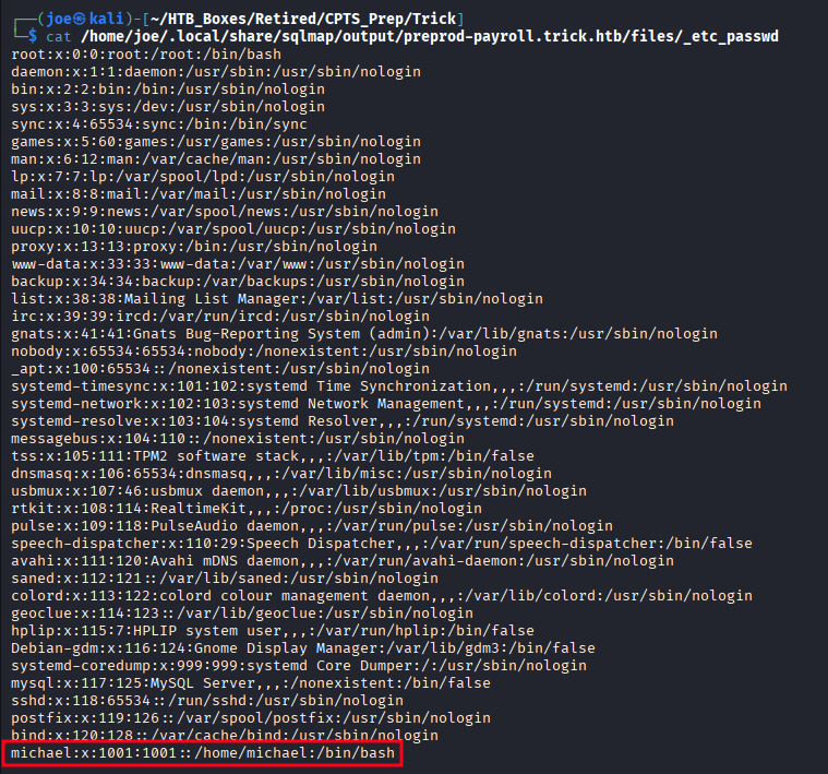 SQLMap extracting /etc/passwd — local user michael identified