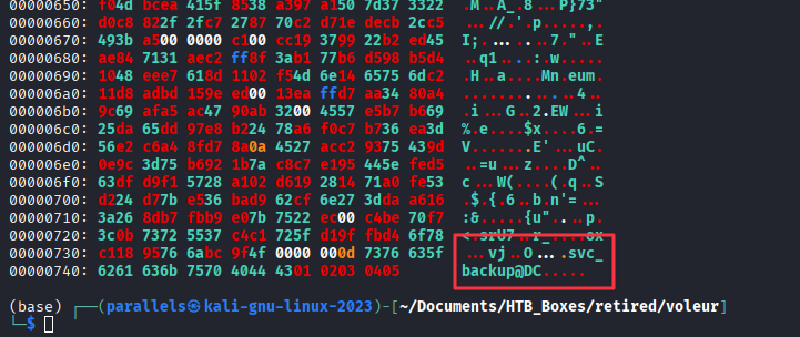 xxd output continued, svc_backup@DC clearly visible