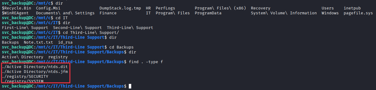 svc_backup browsing the IT/third-line support/backups directory