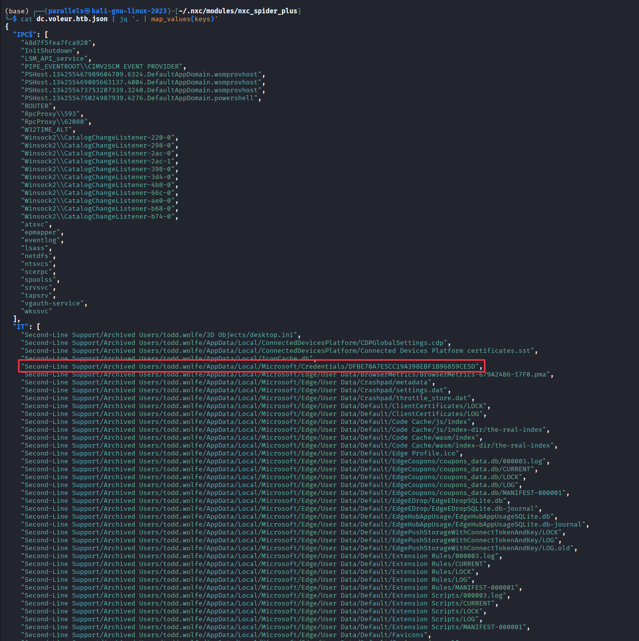 spider_plus JSON output showing AppData paths in the archived profile