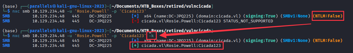 NXC confirming Rosie.Powell:Cicada123 with Kerberos authentication