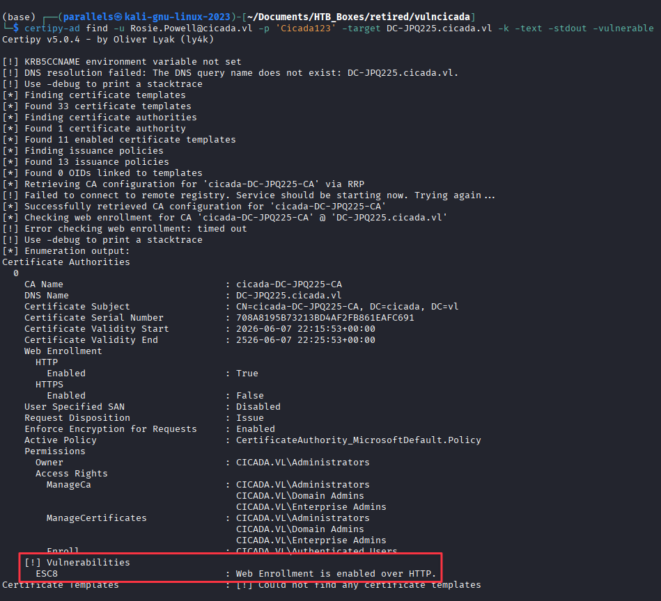 certipy-ad find output showing ESC8 vulnerability