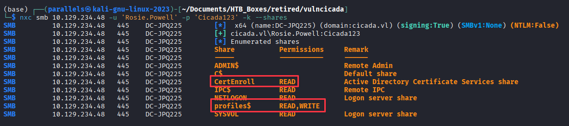 NXC share enumeration showing profiles$ with READ,WRITE and CertEnroll with READ